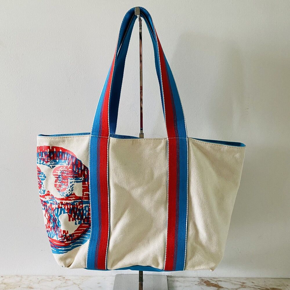 TORY BURCH Ivory Blue Red Color Block Canvas Tote Bag